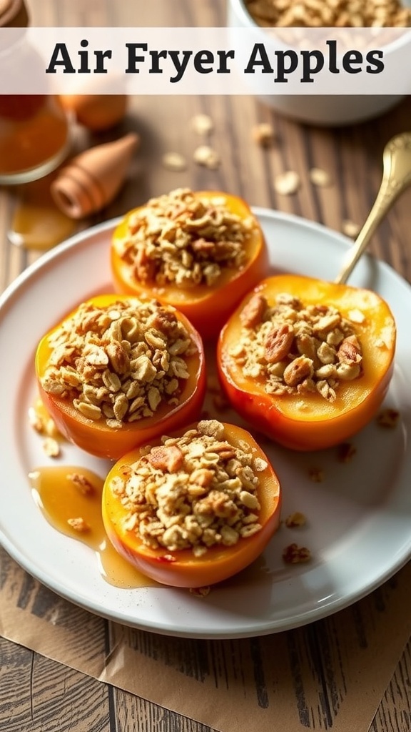 Warm air fryer baked apples filled with oats and nuts, drizzled with honey, on a rustic wooden table.